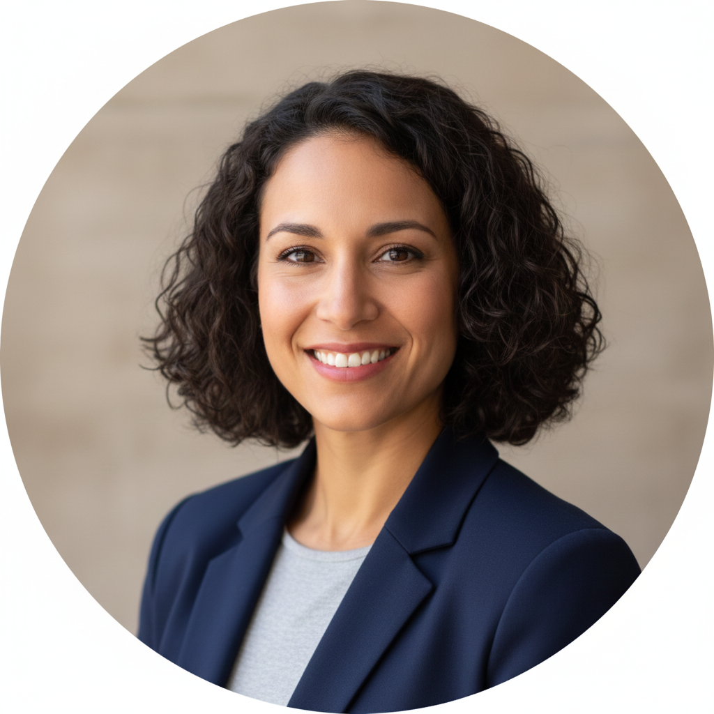 A professional headshot of a smiling female small business owner, circle crop, realistic photography, neutral background