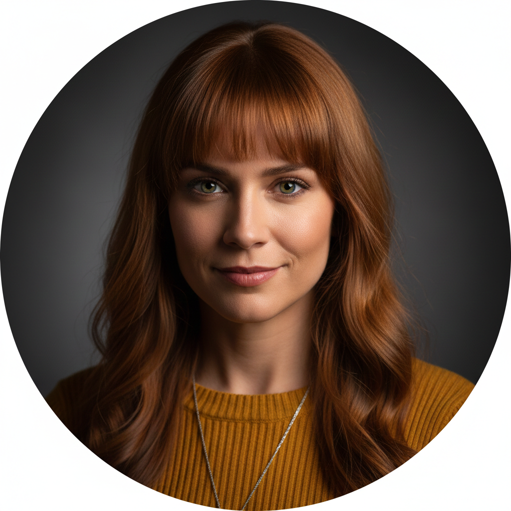 A professional headshot of a confident female designer, circle crop, realistic photography, studio lighting