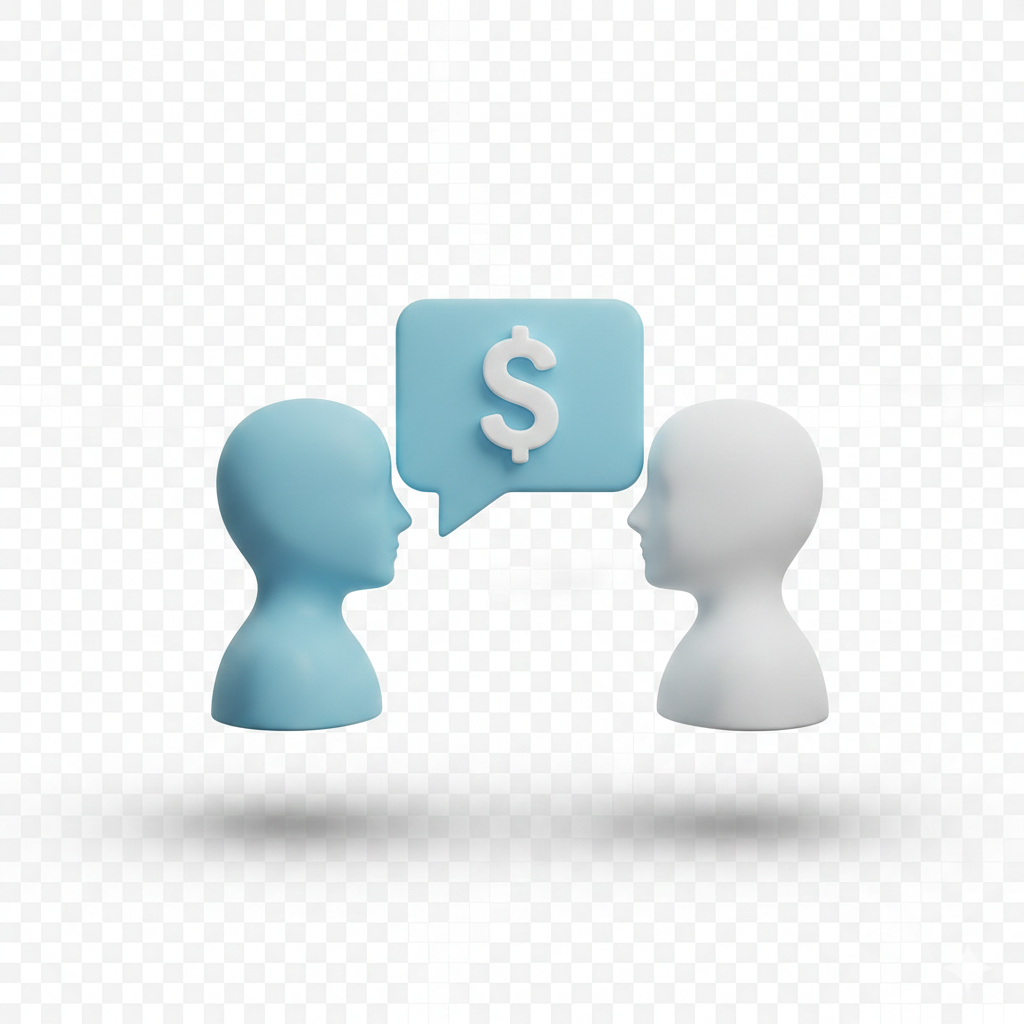 A 3D icon of two people talking with a speech bubble featuring a dollar sign, soft shadows, blue and white aesthetic, clean background, transparent background