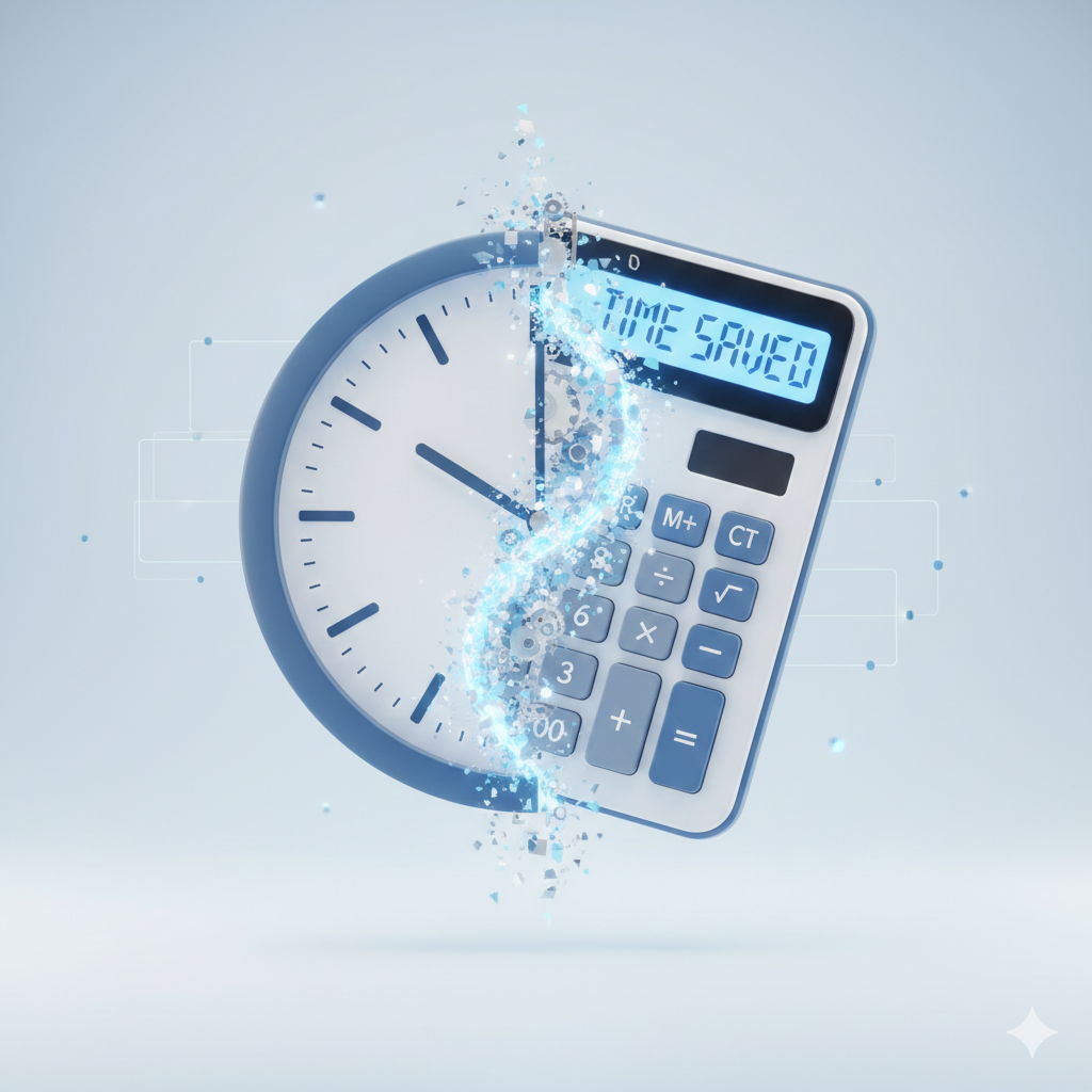 A conceptual 3D illustration of a clock and a calculator merging together, representing time saved in accounting, soft lighting, blue and white color palette, high fidelity --ar 16:9